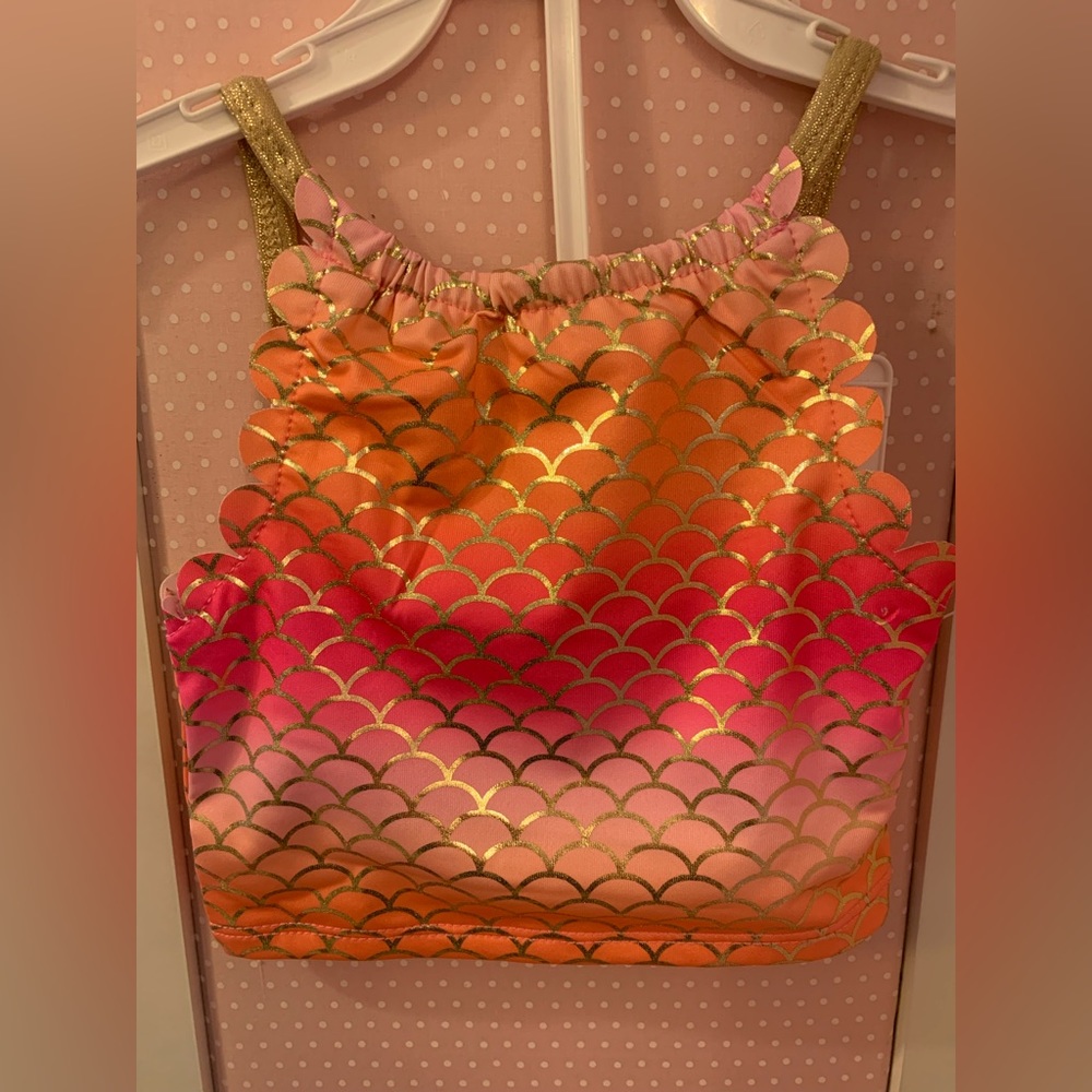 Girls size 3T Penelope Mack mermaid scale print 2 piece swim suit foil gold